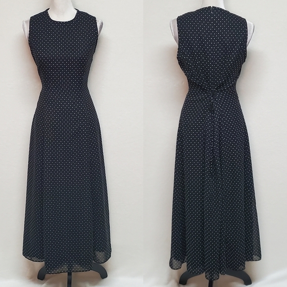 Vintage 80s Jessica Howard Black White Polka-dot Tie-Waist Sleeveless Midi Dress - Picture 1 of 13